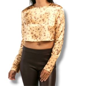 Zara Satiny Floral Print Long Sleeve Crop Top | Small